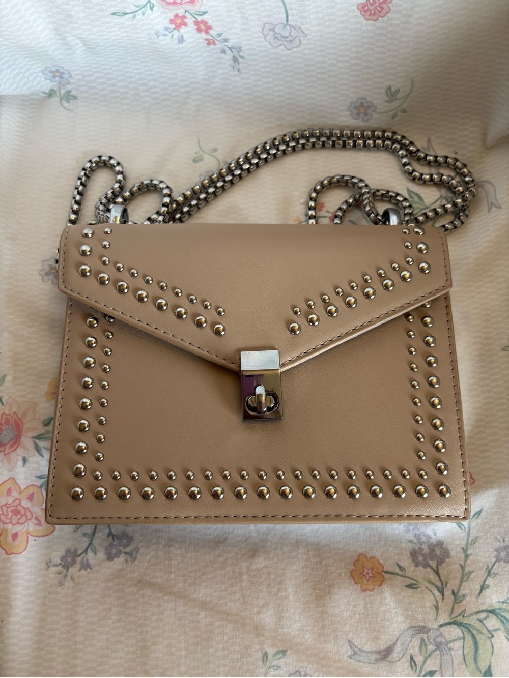 Beige Studded Leather Crossbody Bag with Chain Strap